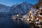 Hallstatt in the snow at sunrise in winter