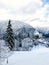 Hallstatt trekking Winter snowing in the mountain landscape and the pine forest vertical in upland valley Hallstatt