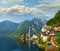 Hallstatt village and alpine lake in morning lights