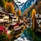 Hallstatt village in autumn, Austria,  Colorful houses on the banks of the lake