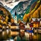 Hallstatt village in autumn, Austria,  Landscape with lake and wooden houses