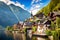 Hallstatt village on the shore of Lake Hallstatter See, Austria. Generative AI