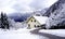 Hallstatt Winter snow mountain landscape and the architectural building house