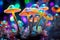 Hallucinogenic mushrooms of acidic colors on dark background