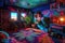 hallucinogenic plant-inspired room, with vibrant colors and intricate patterns