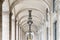 Hallway with columns at Commerce Square in Lisbon, Portugal