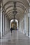 Hallway with columns surrounding the Commerce Square in Lisbon, Portugal