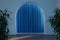 Hallway with geometric arch, blue walls and curtains. 3d rendering.Good future ahead. Mysterious future,