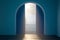 Hallway with geometric arch, blue walls and open curtains. 3d rendering.Good future ahead. Mysterious future,