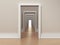 Hallway with many doors opening to each other. 3D illustration