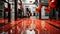 a hallway with red and black balloons hanging from the ceiling