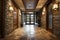 Hallway with stone tiled floor and wooden lining paneling walls. Home interior design of modern entrance hall with glass door