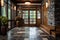 Hallway with stone tiled floor and wooden lining paneling walls. Home interior design of modern entrance hall with glass door