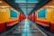 A hallway with vibrant red and yellow walls, lined with benches for seating, mockup