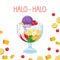 Halo halo is a cold sweet dessert. A very tasty dessert in the Philippines. Vector illustration with fruit background.