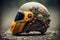 Haloween fantasy theme ornate motorcycle protective helmet closeup a the grounf in the forest. AI generated