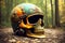 Haloween fantasy theme ornate motorcycle protective helmet closeup a the grounf in the forest. AI generated