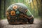 Haloween fantasy theme ornate motorcycle protective helmet closeup a the grounf in the forest. AI generated