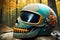 Haloween fantasy theme ornate motorcycle protective helmet closeup a the grounf in the forest. AI generated