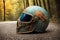 Haloween fantasy theme ornate motorcycle protective helmet closeup a the grounf in the forest. AI generated