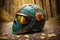 Haloween fantasy theme ornate motorcycle protective helmet closeup a the grounf in the forest. AI generated