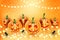 Haloween realistic illustration design with pumpkins with creepy cut out faces, spiders, and haning lights garland on orange backg