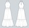 Halter Dress technical fashion illustration. Tiered maxi Dress fashion flat technical drawing template, relaxed fit