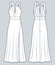 Halter maxi Dress technical fashion illustration. Strappy Dress fashion flat technical drawing template, front slit, back zip-up.