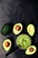 Halved avocados. Top view. Avocado spread. Avocado pasta. Guacamole..