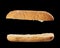 Halved baked ciabatta loaf isolated on black background, sandwich blank