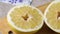 Halved fresh large yellow pomelo close up