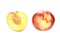 Halved peach next to a whole peach isolated on a white background