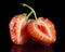 Halved strawberry isolated on black with green stalk