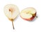 Halves of Chinese pear and red apple with sprigs on white isolated background. Shadow.