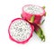 Halves of delicious ripe dragon fruit pitahaya on background, above view