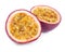 Halves of fresh ripe passion fruit maracuya isolated