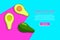 Halves of green avocado banner. Ripe fruit with brown seed leaves pink track on blue background.