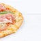 Ham pizza prosciutto copyspace copy space square on wooden board