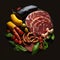 Ham, sausage, bacon, various appetizing meat delicacies, vegetables on a black background close-up, vintage drawing style