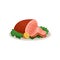 Ham with sliced, half of lemon and green lettuce leaves of ceramic plate. Delicious smoked meat. Dish for holiday dinner