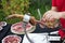 Ham slicer. Detail of the hand cutting slices of Spanish Iberian ham