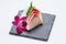 Hamachi Sashimi : Sliced Raw Hamachi Yellowtail Fish Served with Sliced Radish on Stone Plate