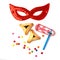 Hamantaschen cookies , grogger and carnival mask on white background