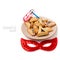 Hamantaschen cookies on plate and carnival mask on white background