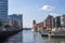 Hamburg city canal and modern buildings, Hafencity, Hamburg, Germany