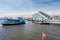 Hamburg, Germany - April 12, 2014: View at Dockland pier and cruising ferry at fine weather in Hamburg, Germany.