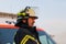 Hamburg, Germany - April 18, 2013: HDR - firefighter chief observed the fire service