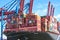Hamburg, Germany, August 3, 2022: Ultra large container vessel Tihama with high stacked freight under the cranes of the terminal