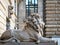 Hamburg, Germany - July 03, 2018: View at Lion sculpture at entrance to courtyard at Townhall Hamburg.