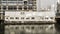 Hamburg, Germany, June 6., 2018: Floating construction site containers with construction site offices on a pontoon on the Alster